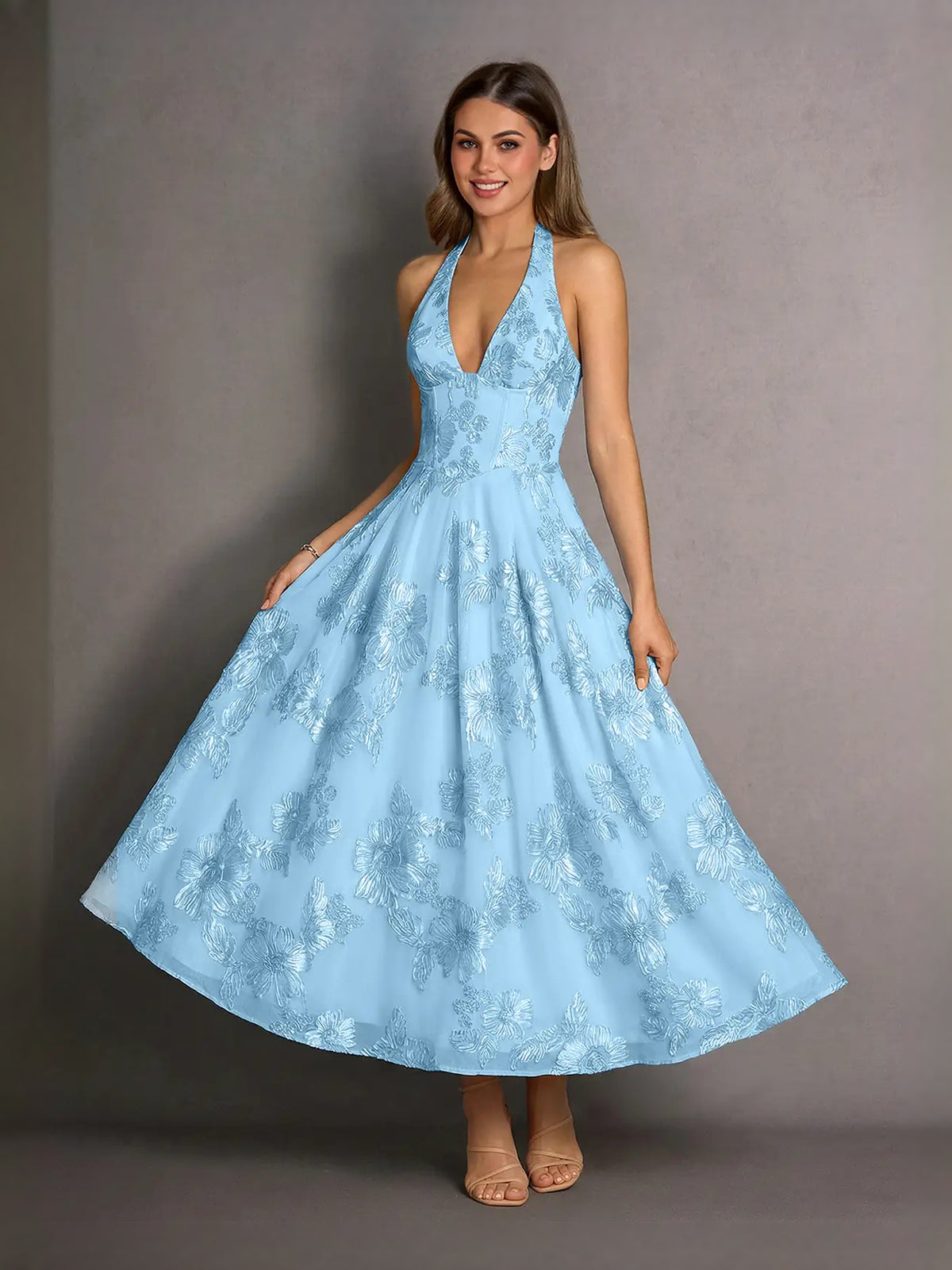 Floral Halter Neck A-Line Midi Prom Dress for Formal Reception