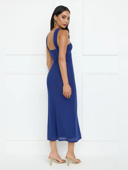 Nightlife Chic One Shoulder Mesh Midi Formal Dress