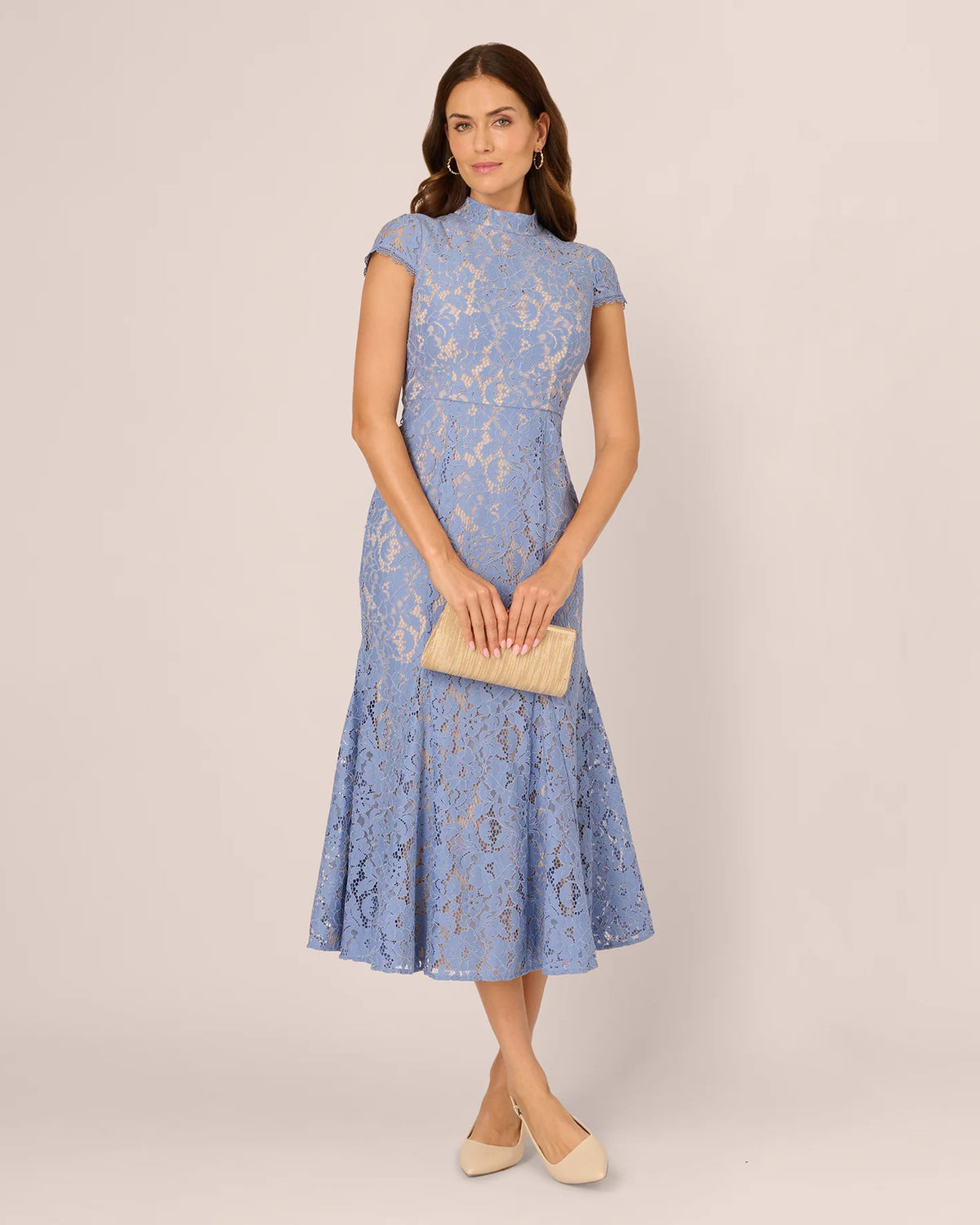 Lace Detail Cap-Sleeve A-Line Midi Mother of the Bride Dress for Wedding Dinner