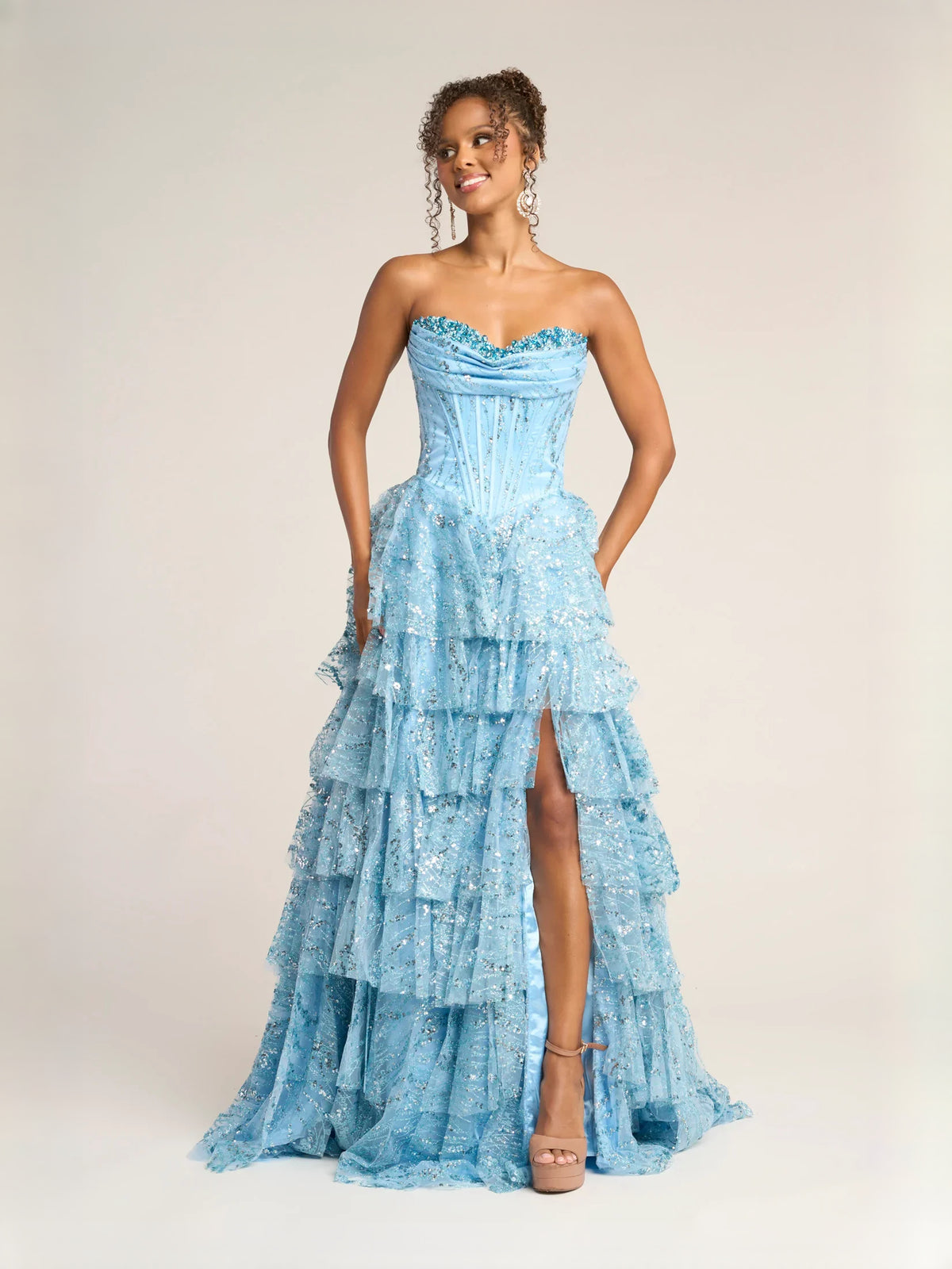 Ruched Corset Ruffled Slit Sweetheart A-Line Floor-Length Tulle Prom Dress for Evening Banquet