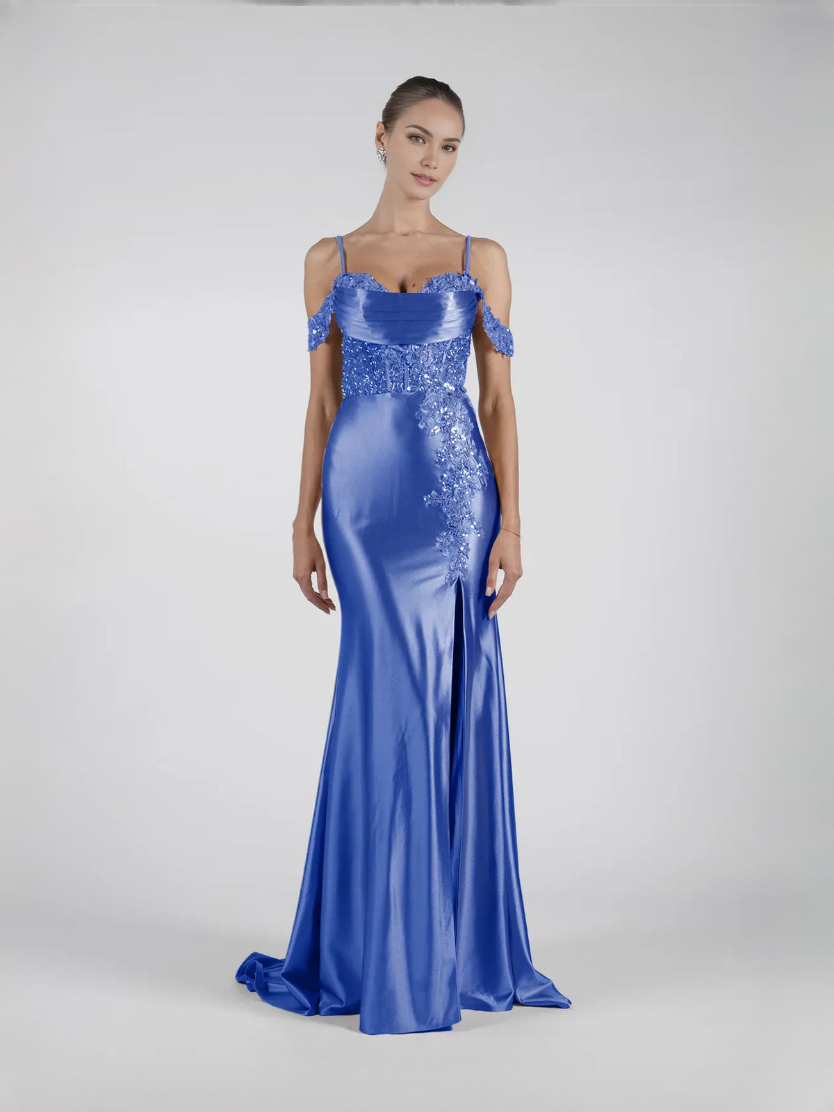 Corset Front-Slit Floral Slit Off Shoulder Mermaid Floor-Length Satin Prom Dress for Hotel Gala