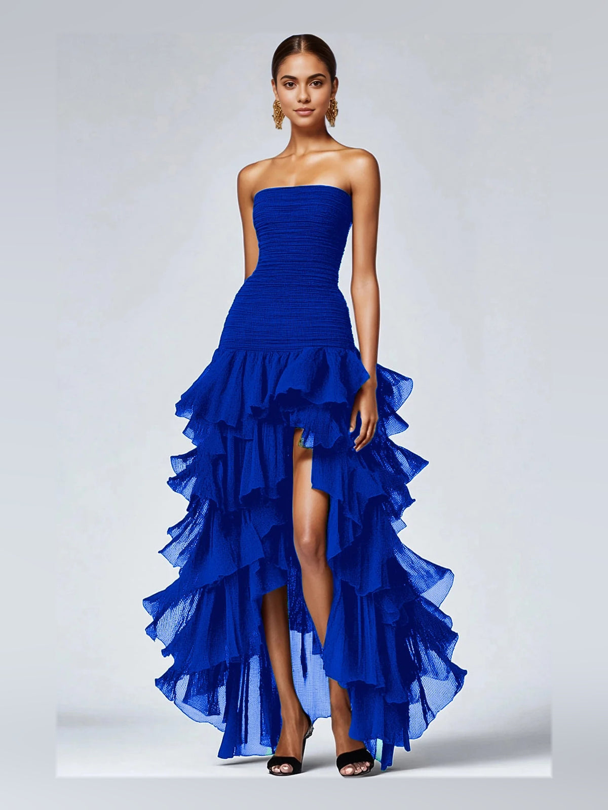 Draped Tiered Ruffled Slit Strapless A-Line High-Low Prom Dress for Evening Ceremony