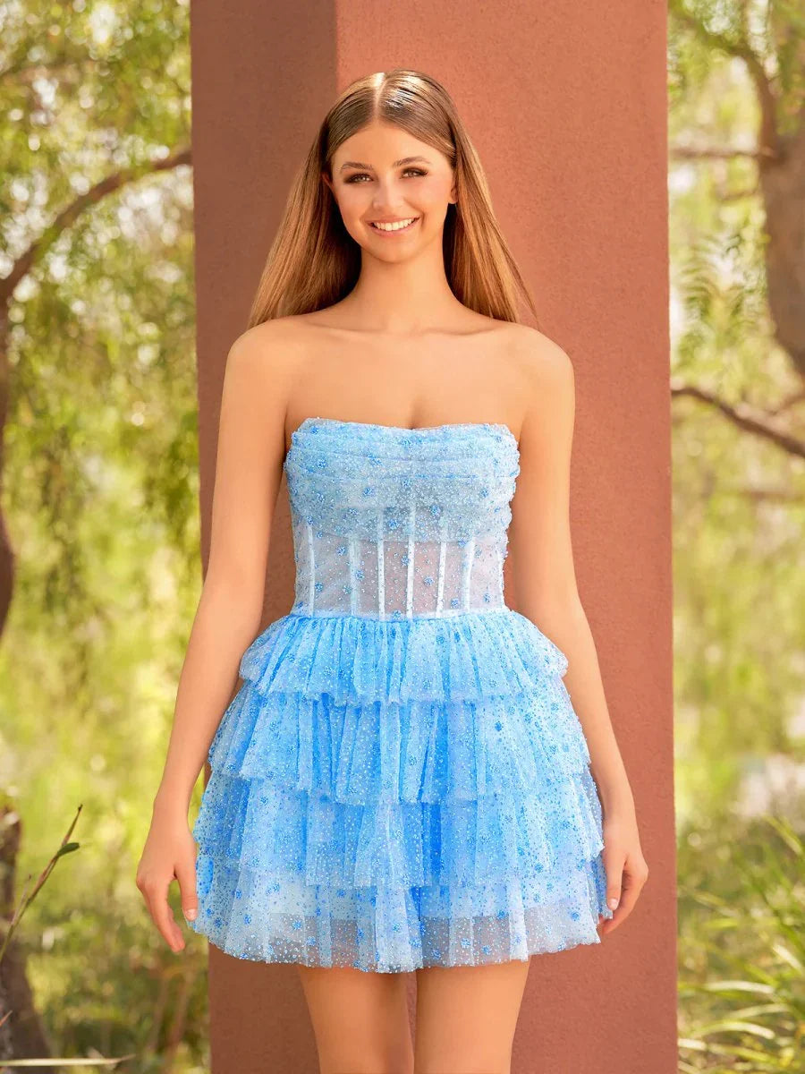 Ruched Corset Ruffled Strapless A-Line Mini Tulle Homecoming Dress for Milestone Birthday