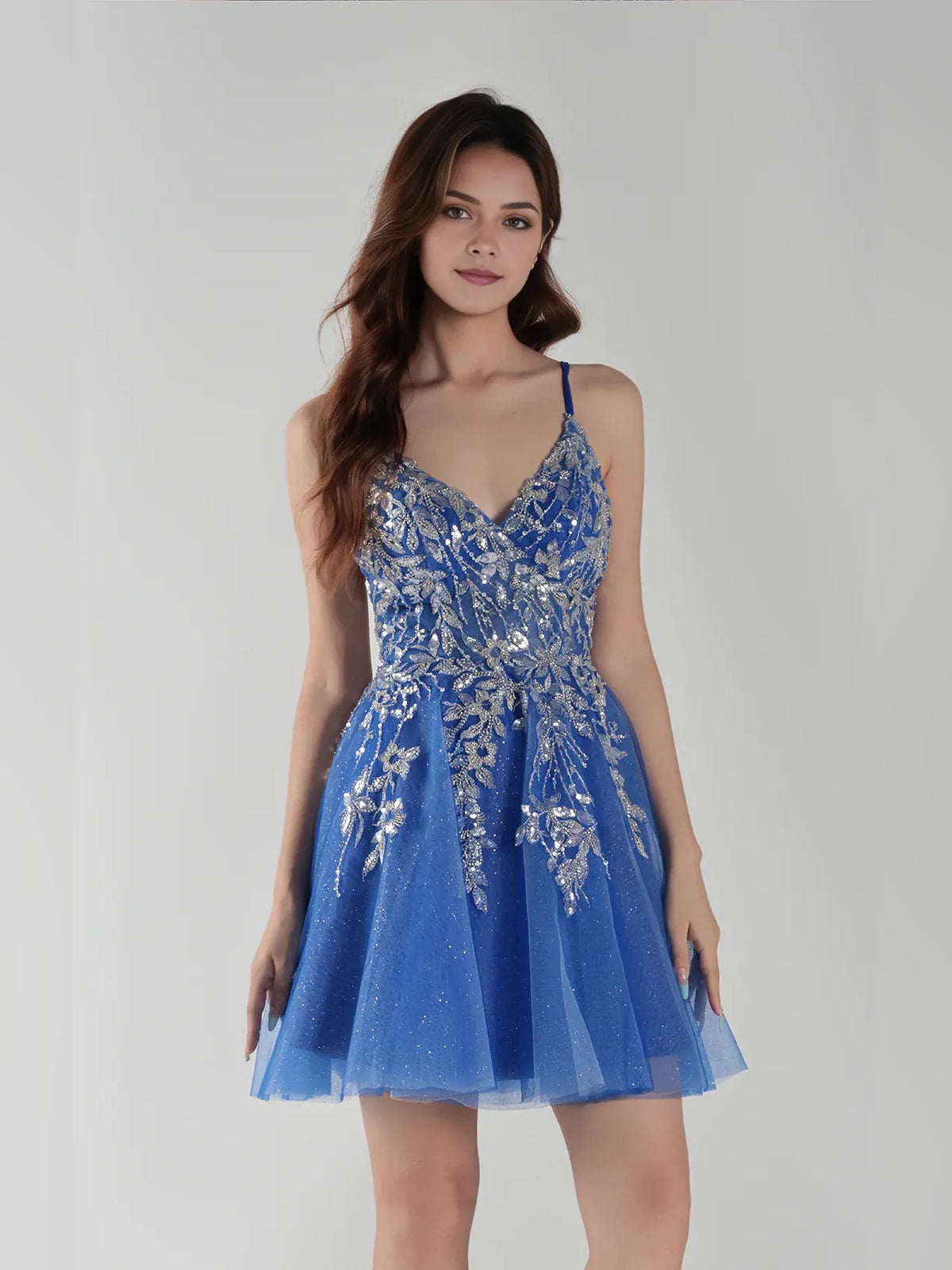 Sequin Glitter V Neck A-Line Mini Tulle Homecoming Dress for Wedding Ceremony