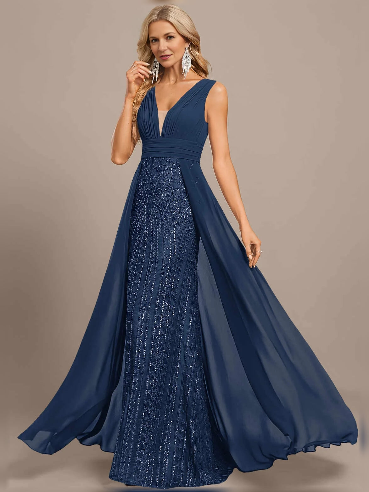 Pleated Embroidered V Neck A-Line Maxi Chiffon Mother of the Bride Dress for Evening Reception
