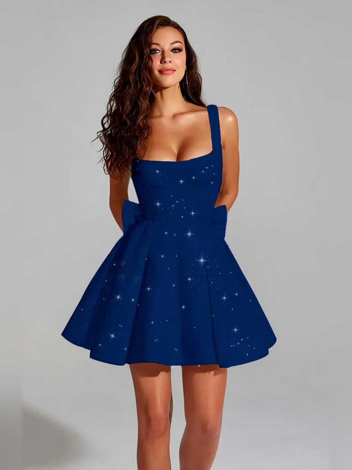 Bow Sequin Square Neck A-Line Mini Homecoming Dress for Graduation Party