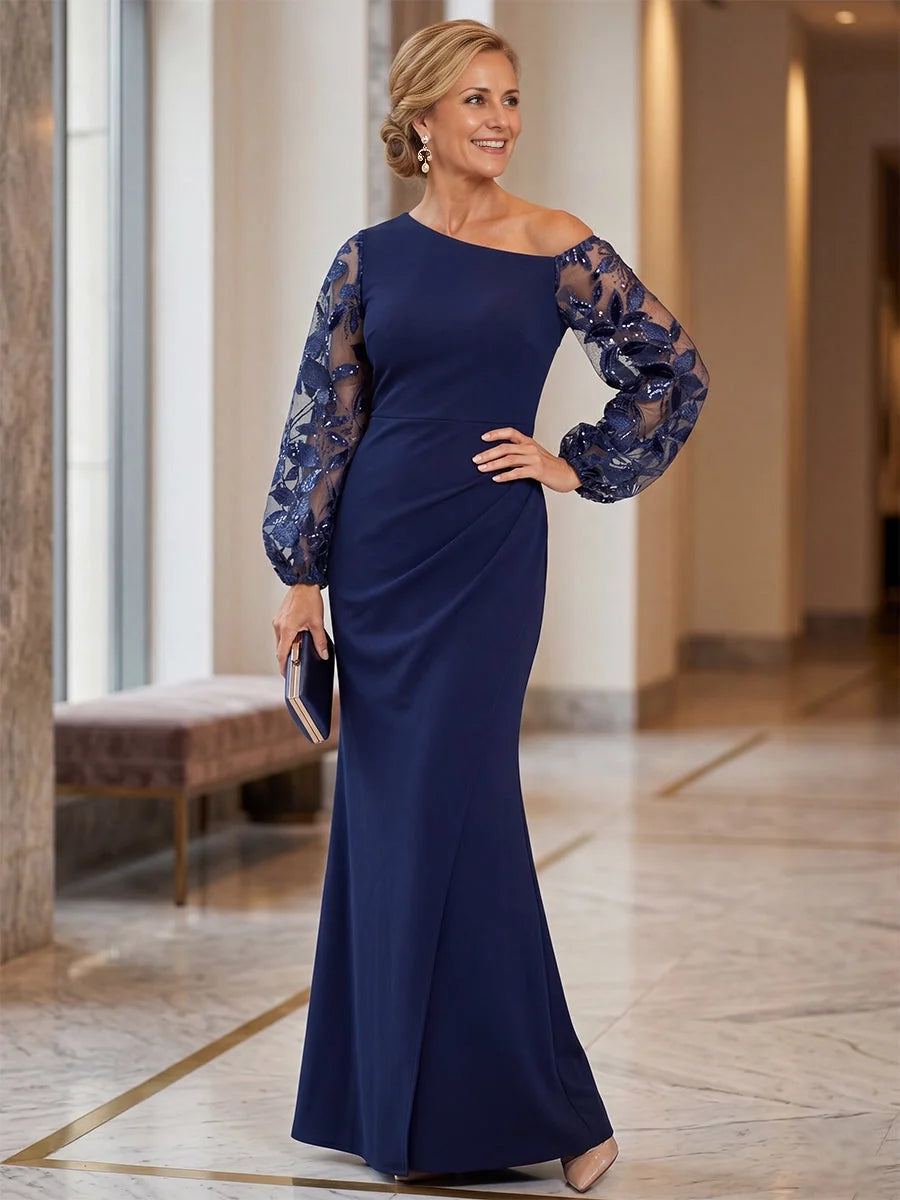 Draped Front-Slit Floral Slit One Shoulder Mermaid Floor-Length Mother of the Bride Dress for Evening Reception