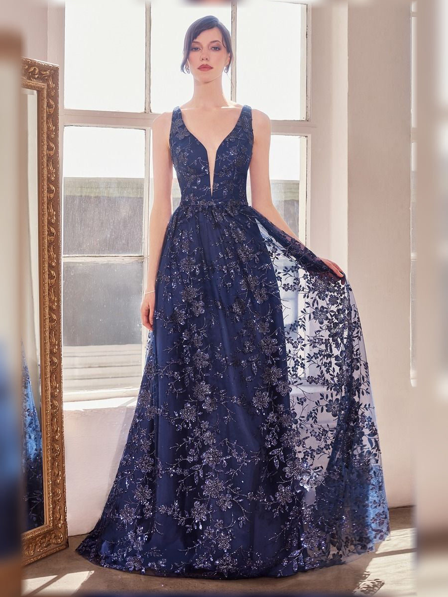Floral Print V Neck A-Line Floor-Length Formal Dress