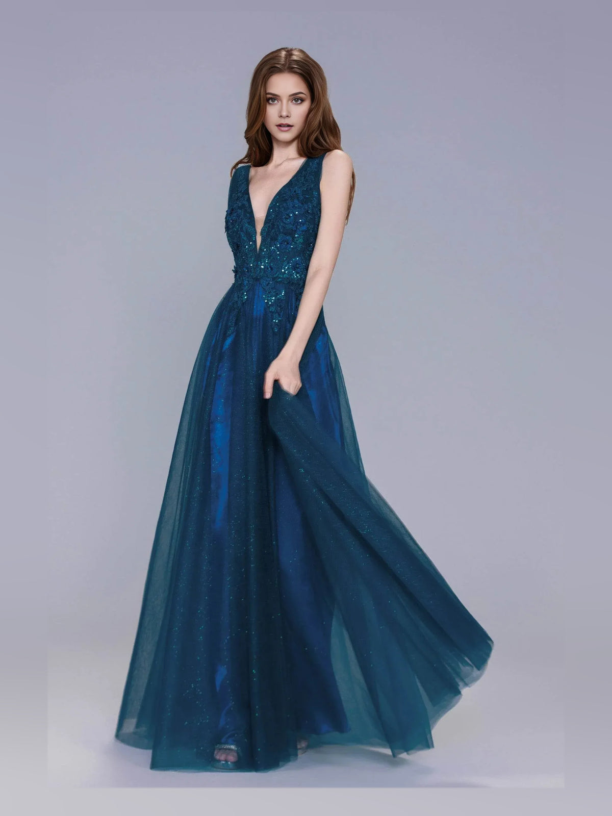 Ink Blue Layered Beaded V Neck A-Line Maxi Tulle Prom Dress for Special Occasion
