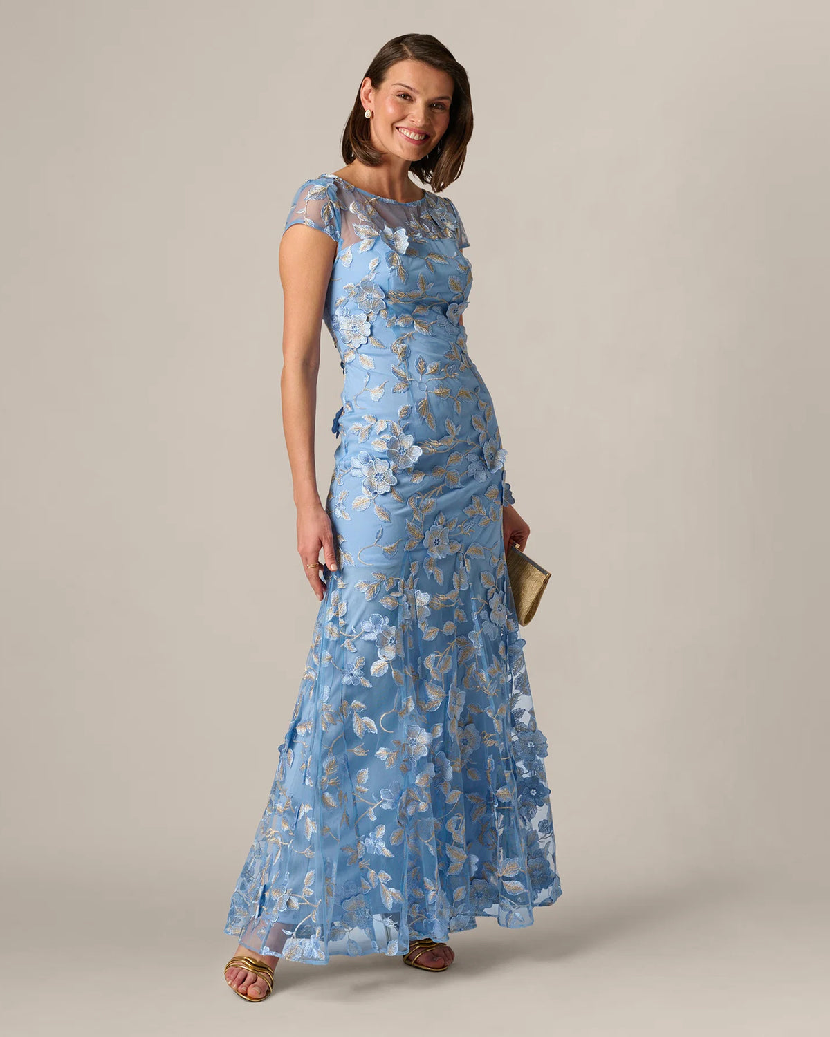 Floral Print Cap-Sleeve A-Line Maxi Mother of the Bride Dress for Reception Dinner