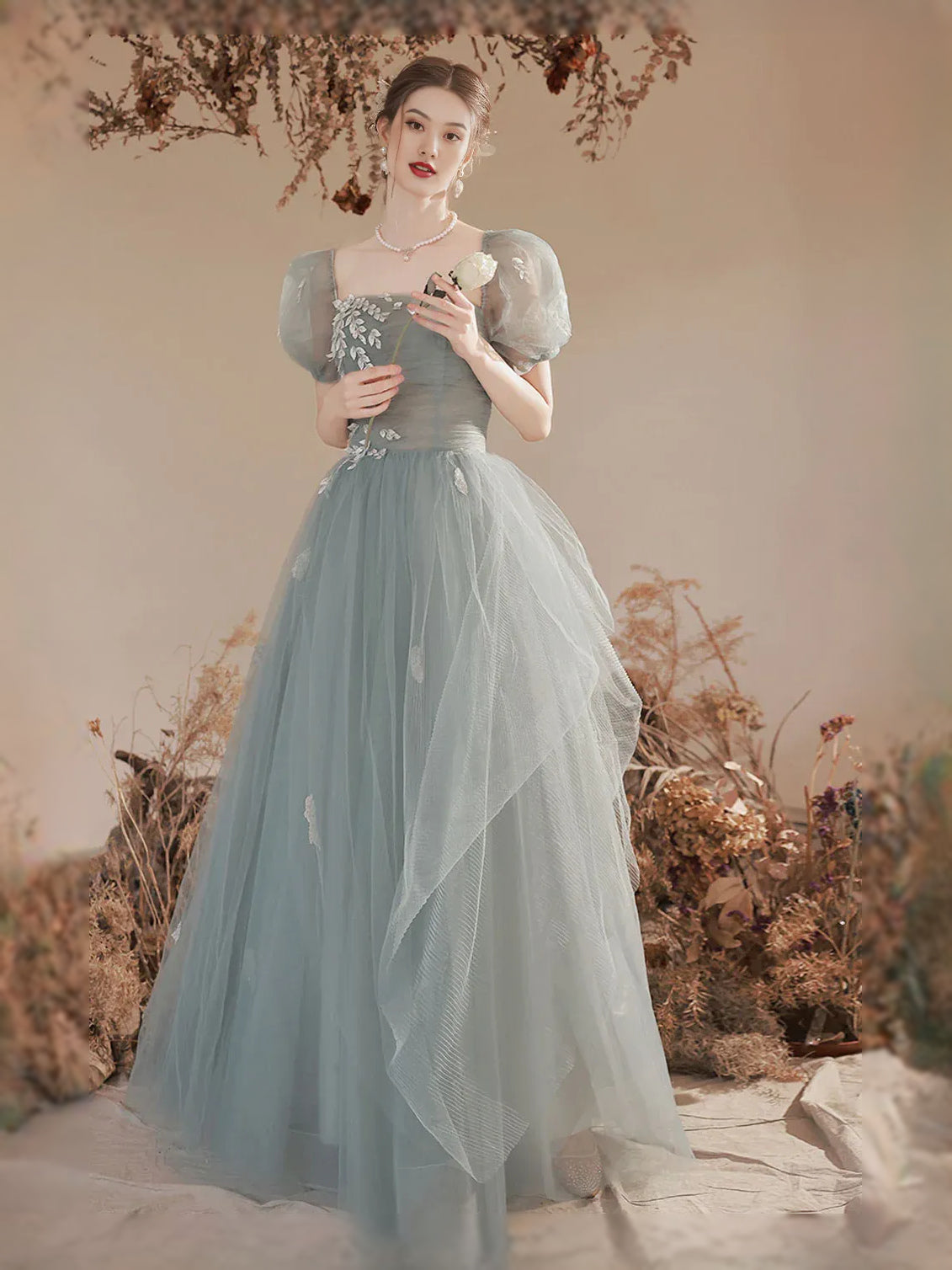 Mist Blue Ruched Corset Floral Square Neck A-Line Maxi Tulle Prom Dress for Prom Night
