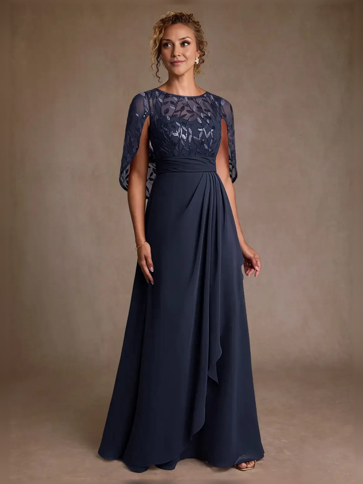 Embroidered Cape-Sleeve A-Line Maxi Chiffon Mother of the Bride Dress for Wedding Celebration