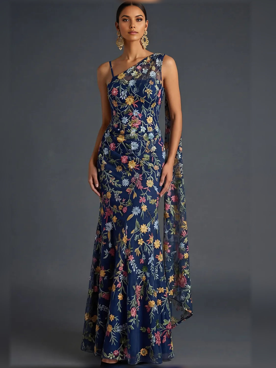 Floral Print One-Shoulder Open Back Floor-Length Formal Dress