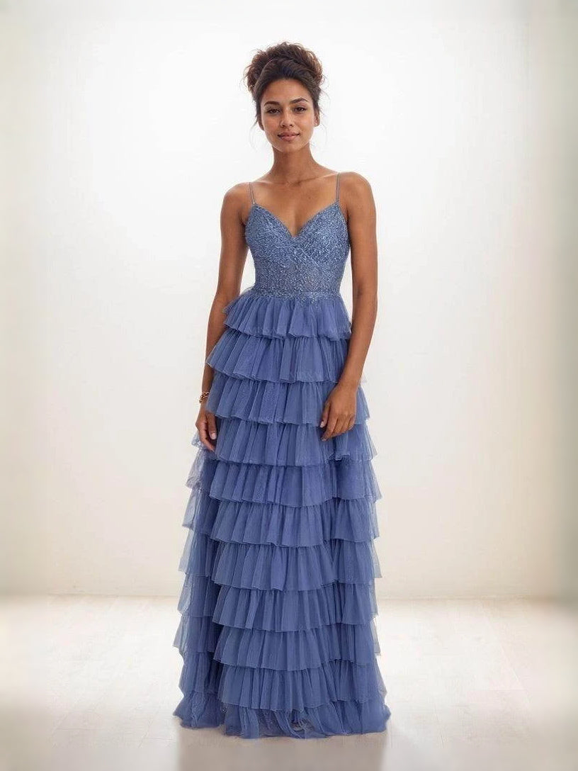 Navy Blue Cut-Out Tiered Ruffled V Neck A-Line Maxi Tulle Prom Dress for Evening Banquet
