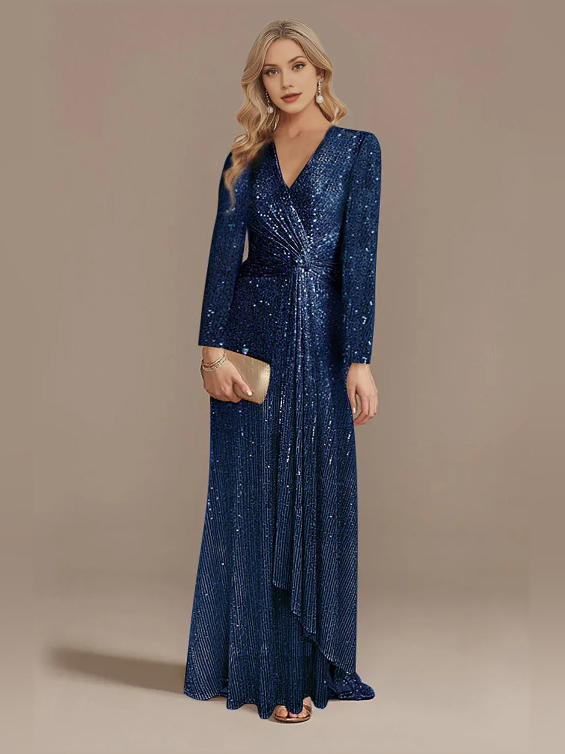 V Neck Long Sleeves Ruching Floor-Length Stunning Formal Dress