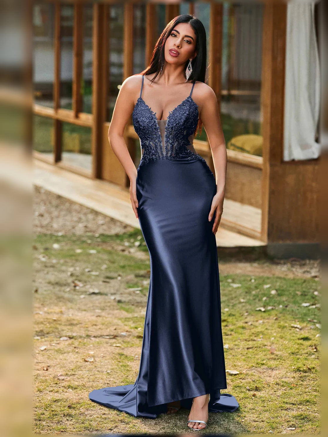 V Neck Corset Lace-Up Back Floor-Length Formal Dress