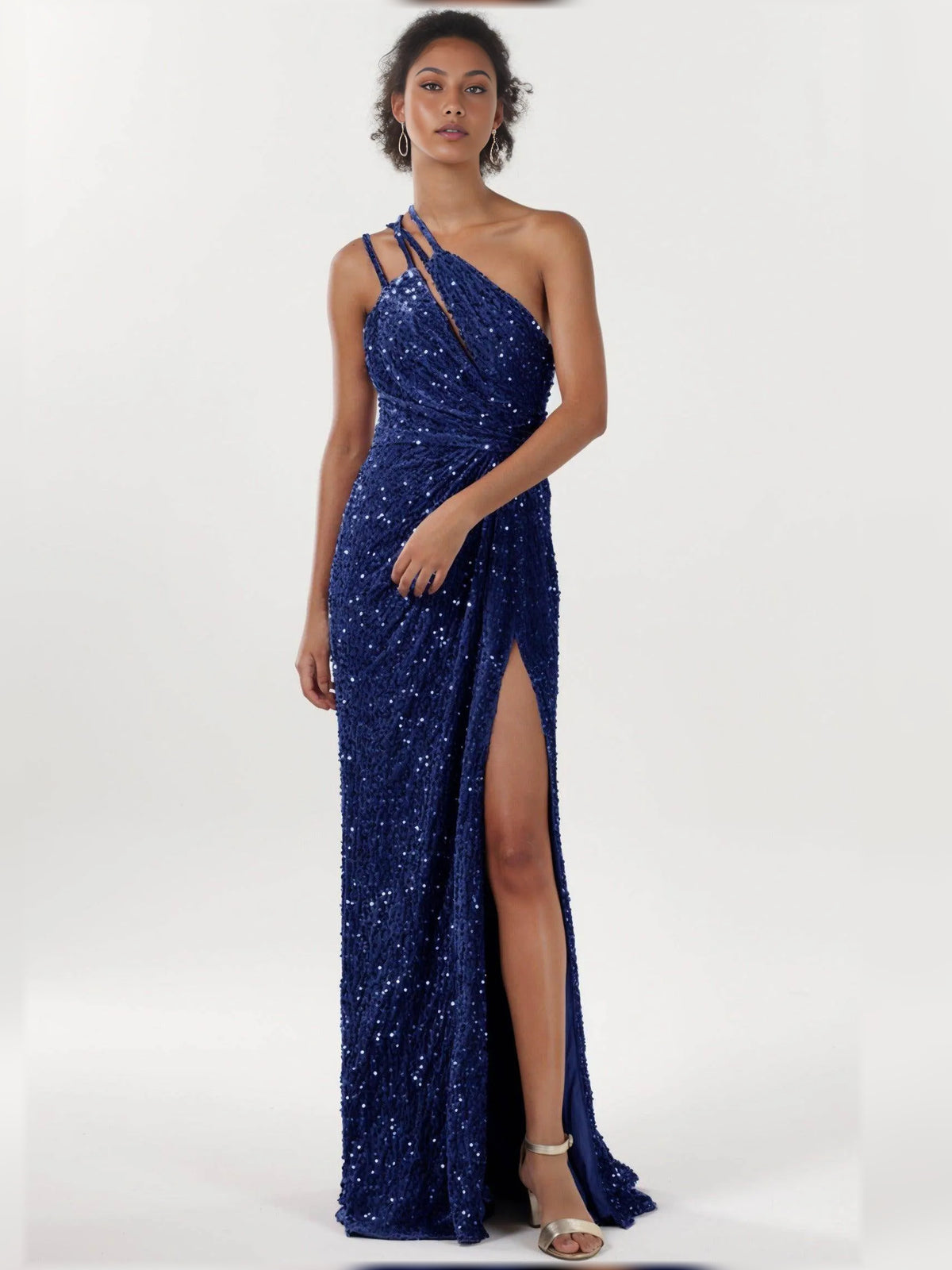 One-Shoulder Ruching Slit Floor-Length Sheath Formal Dress