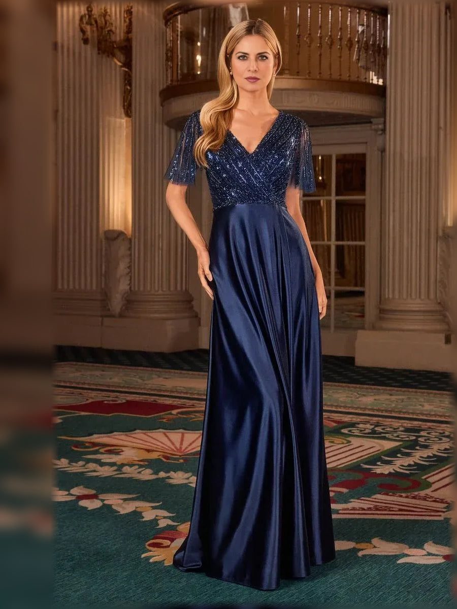 Beaded V Neck A-Line Floor-Length Satin Mother of the Bride Dress for Rehearsal Dinner