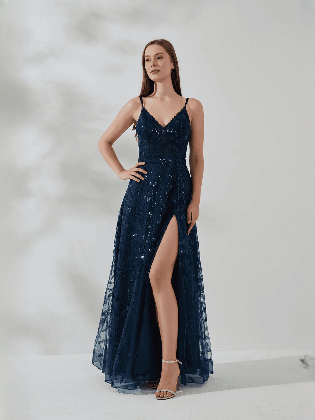 Embroidered Sequin Slit V Neck A-Line Floor-Length Prom Dress for Red Carpet Event