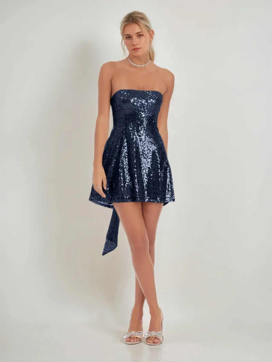 Bow Sequin Strapless A-Line Mini Homecoming Dress for Prom Night