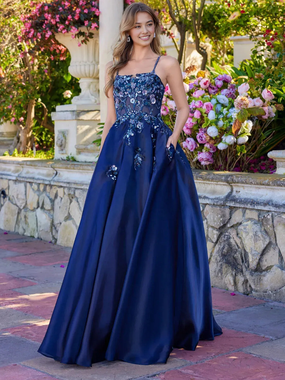 Corset Flower-Applique Floral Square Neck A-Line Floor-Length Satin Prom Dress for Charity Ball