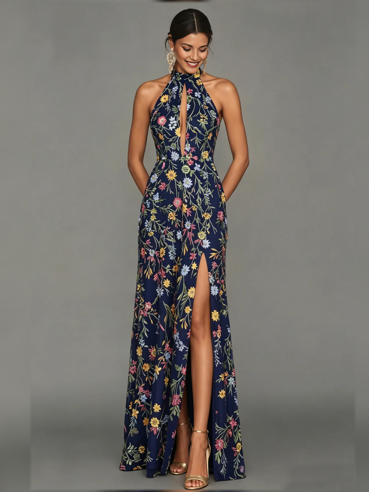 Floral Print Halter Neck Slit Floor-Length Formal Dress
