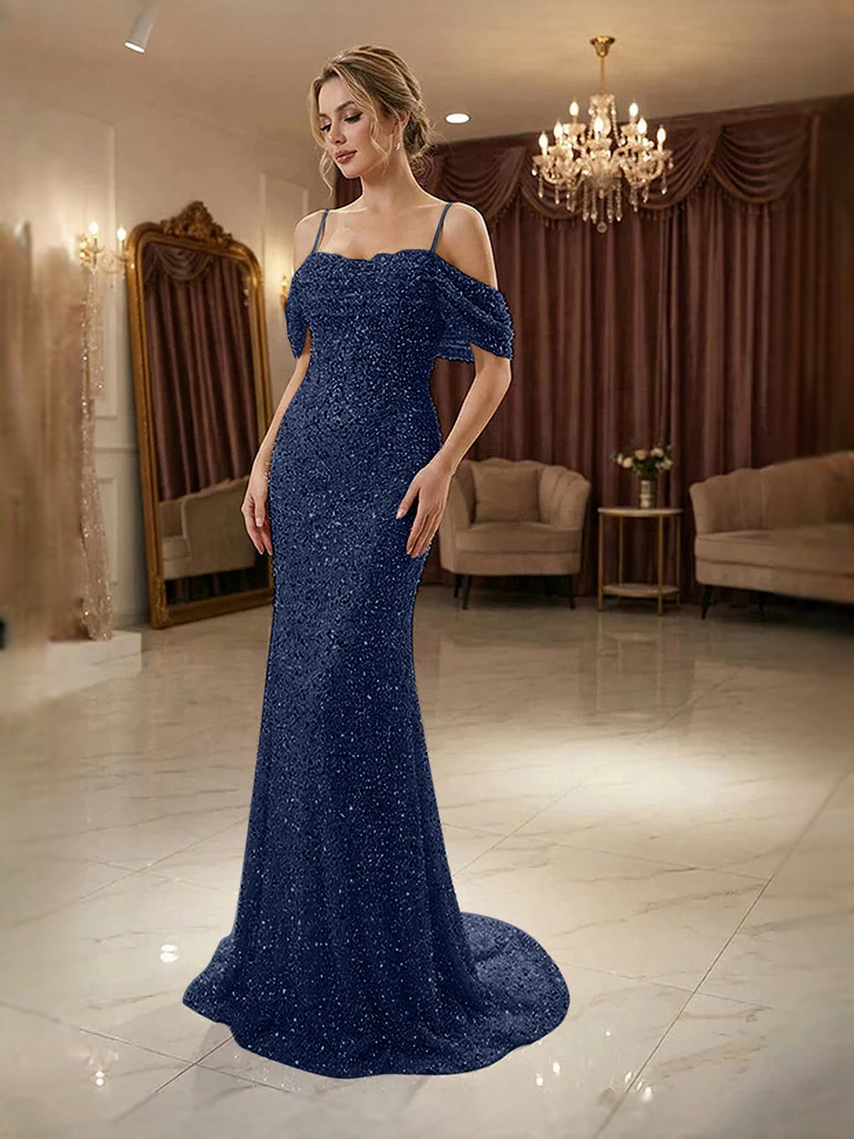 Ruffled Beaded Off Shoulder Mermaid Floor-Length Prom Dress for Prom Night