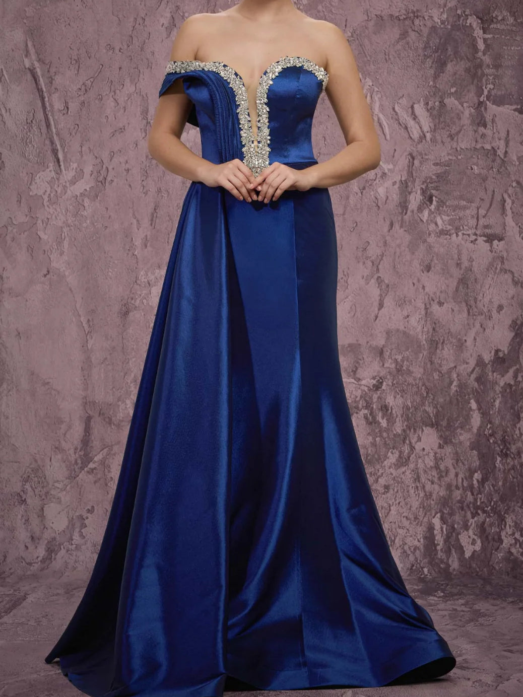 Off-The-Shoulder Beading Lace-Up Back Floor-Length Formal Dress