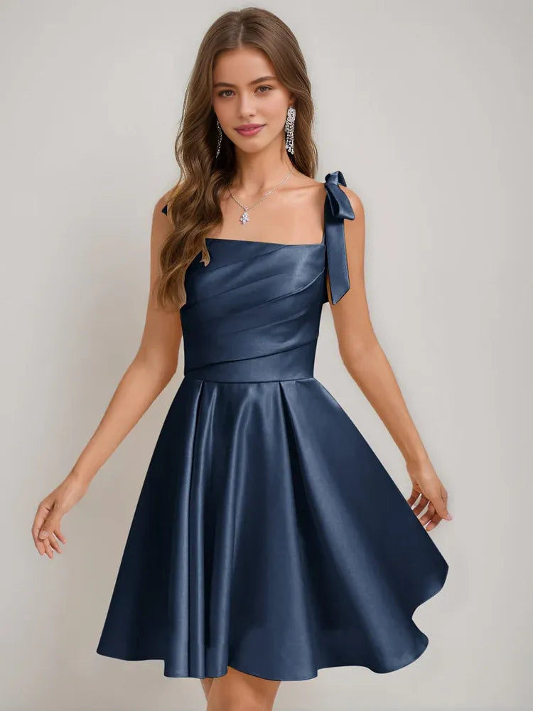 Corset Bow Square Neck A-Line Short Satin Homecoming Dress for Milestone Birthday