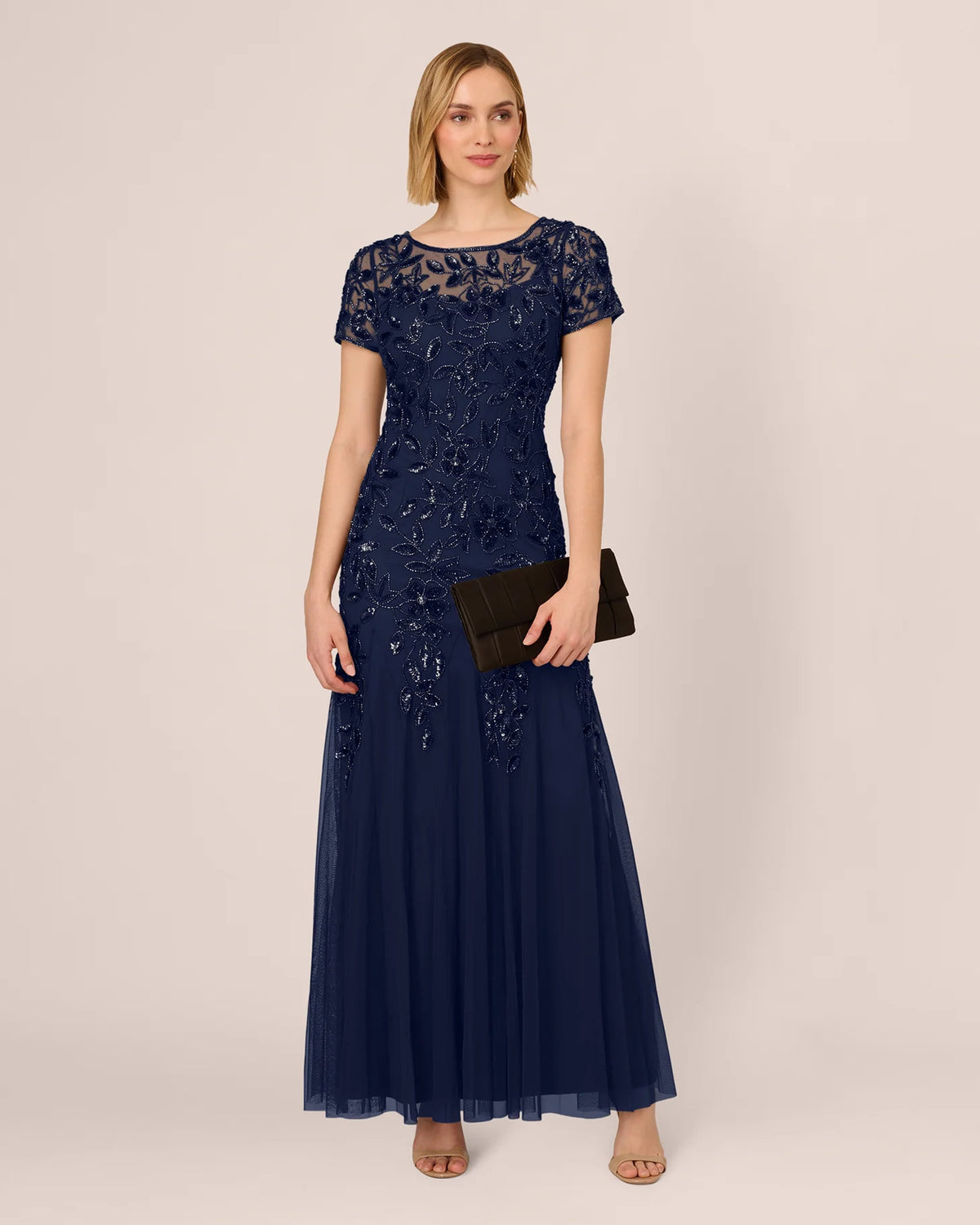 Floral Print Short-Sleeve A-Line Maxi Mother of the Bride Dress for Wedding Ceremony