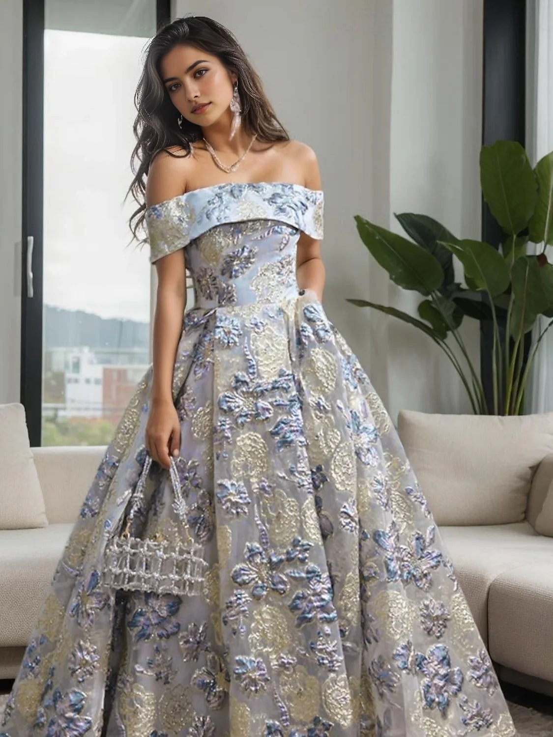 Powder Blue Corset Layered Floral Off Shoulder A-Line Floor-Length Tulle Prom Dress for Pageant