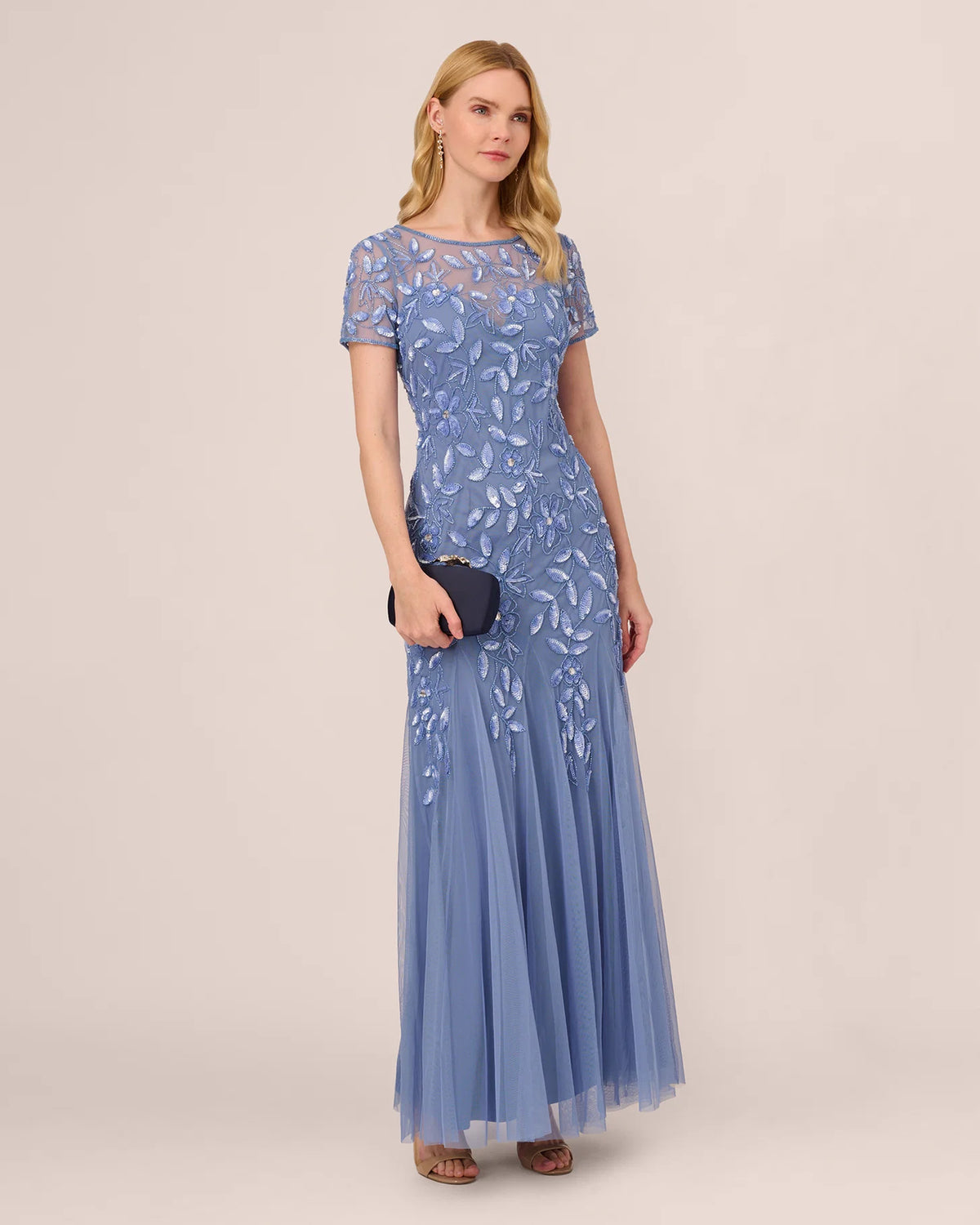 Floral Print Short-Sleeve A-Line Maxi Mother of the Bride Dress for Wedding Ceremony