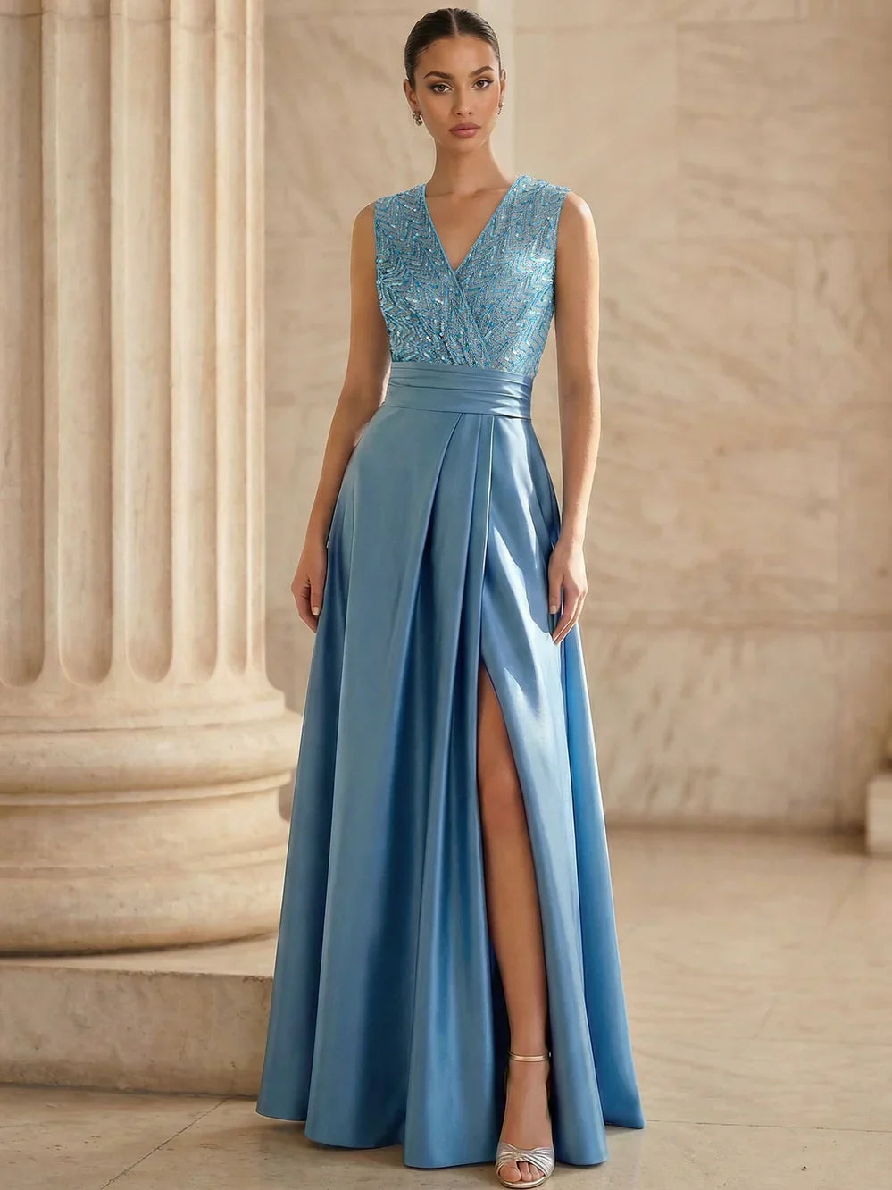 V-Neck Sleeveless Sequin High-Slit A-Line Formal Dress
