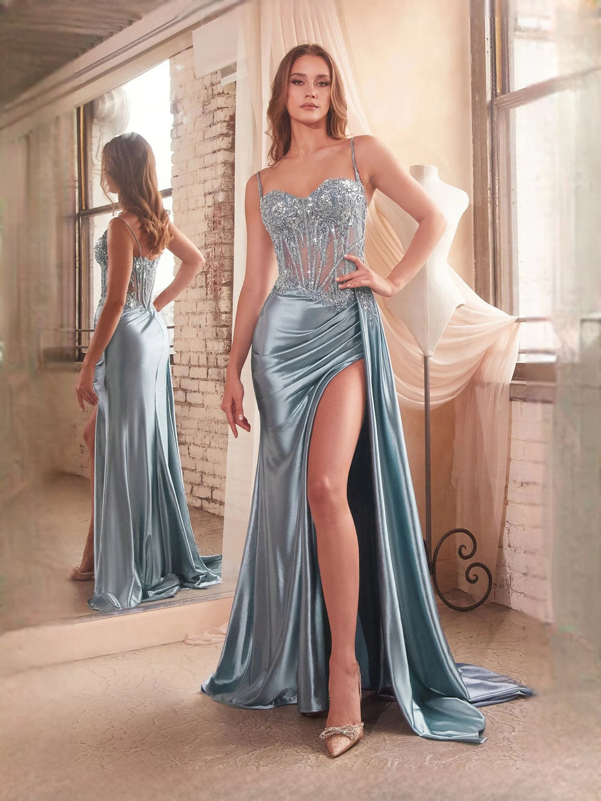 Draped Corset Slit Sweetheart Mermaid Floor-Length Satin Prom Dress for Special Occasion