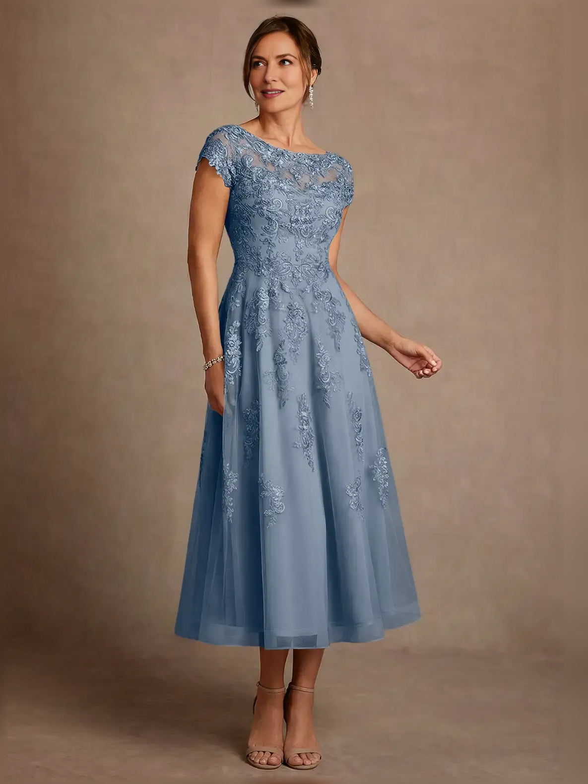 Embroidered Illusion Neck A-Line Midi Mother of the Bride Dress for Ballroom Reception