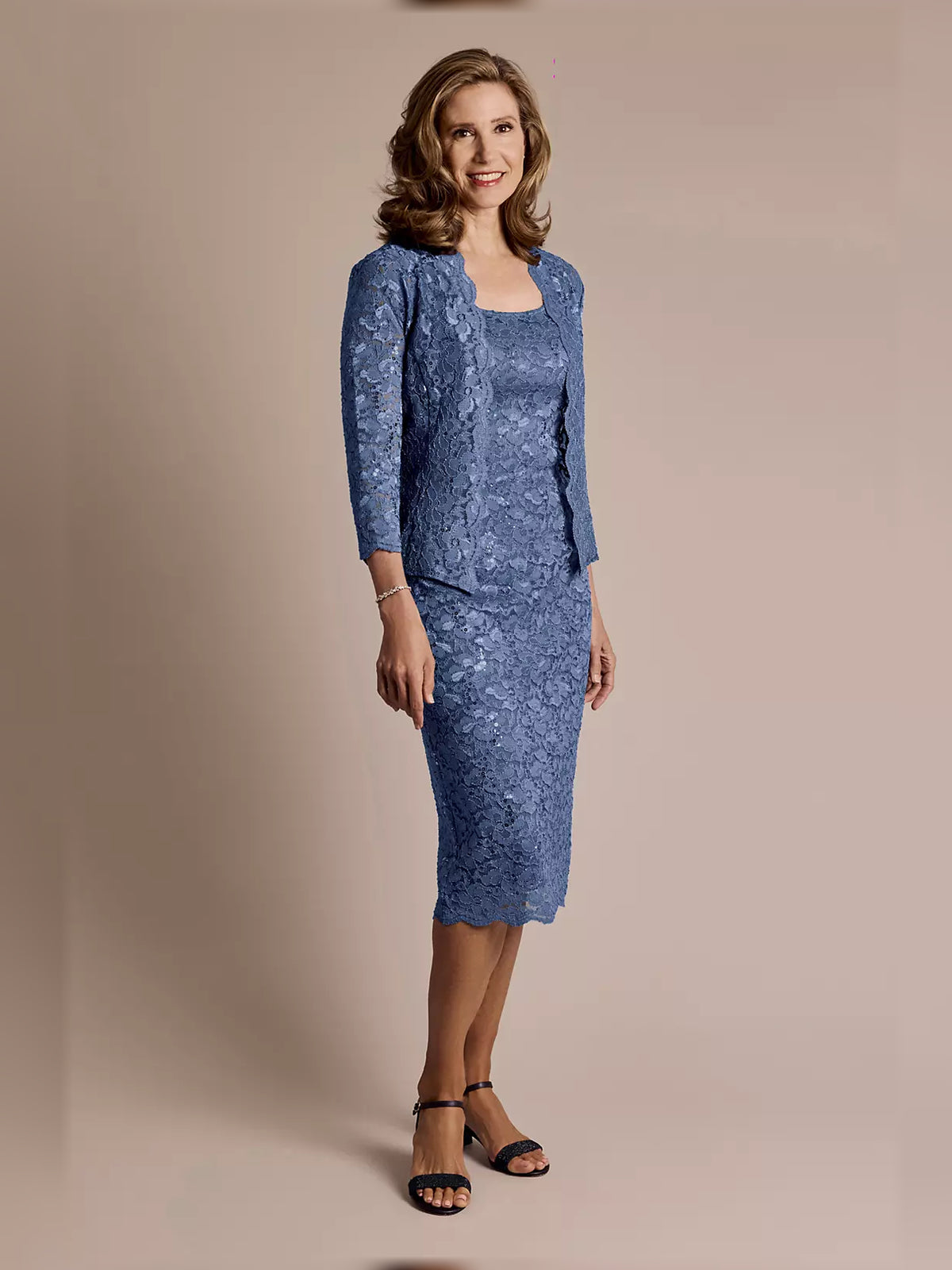 Sequin Square Neck Sheath Knee-Length Mother of the Bride Dress for Hotel Wedding