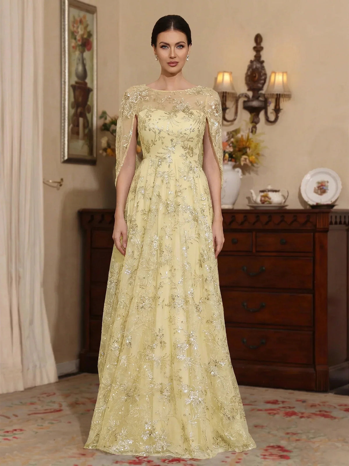 Draped Embroidered Floral Illusion Neck A-Line Floor-Length Tulle Mother of the Bride Dress for Wedding Reception