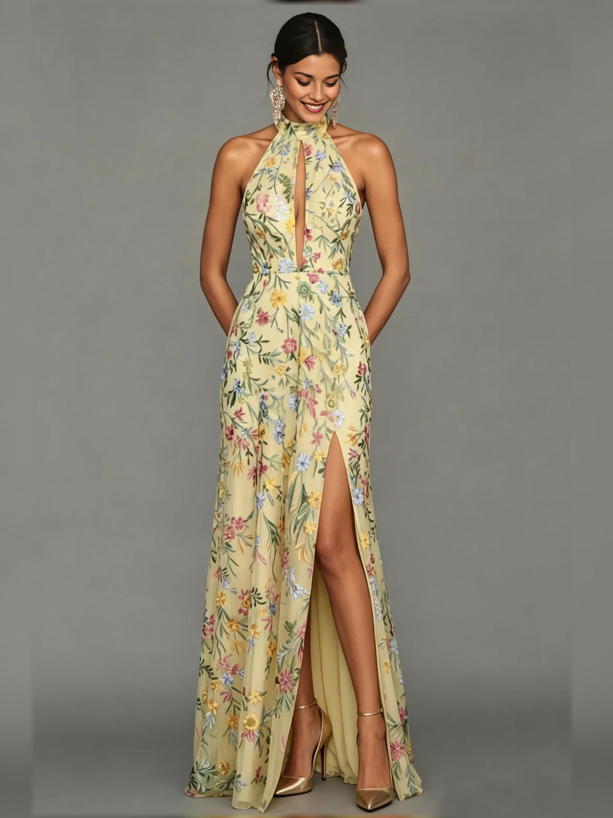 Floral Print Halter Neck Slit Floor-Length Formal Dress