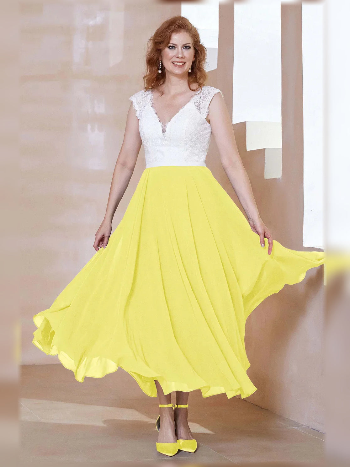 V Neck A-Line Midi Chiffon Mother of the Bride Dress for Ceremony Dinner