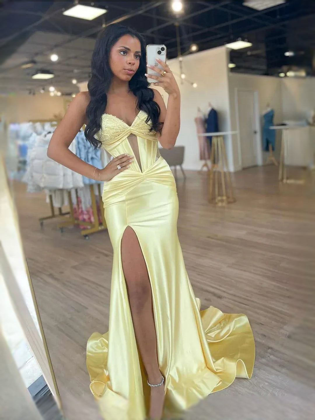 Yellow Ruched Draped Slit Backless Sweetheart Mermaid Maxi Satin Prom Dress for Special Occasion