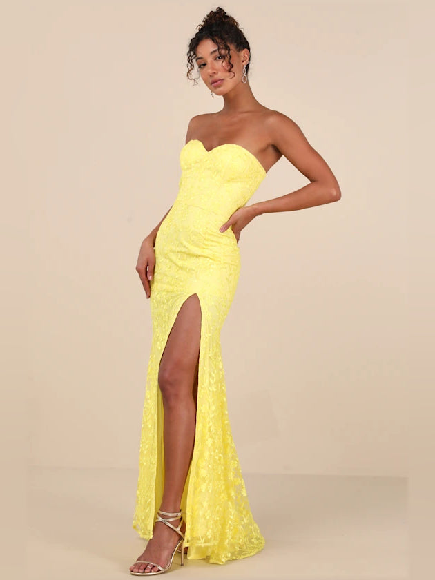 Yellow Floral Sweetheart Slit Mermaid Maxi Formal Dress