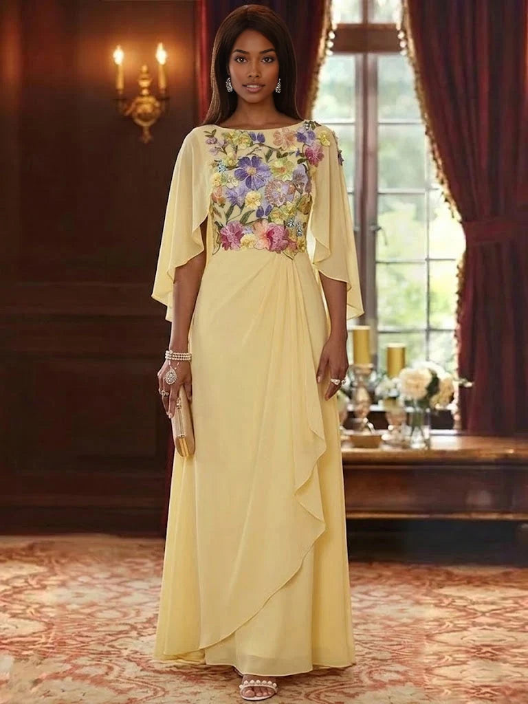 Draped Ruffled Floral Cape-Sleeve A-Line Maxi Chiffon Mother of the Bride Dress for Formal Dinner