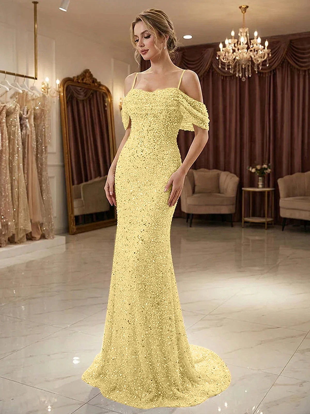 Ruffled Beaded Off Shoulder Mermaid Floor-Length Prom Dress for Prom Night