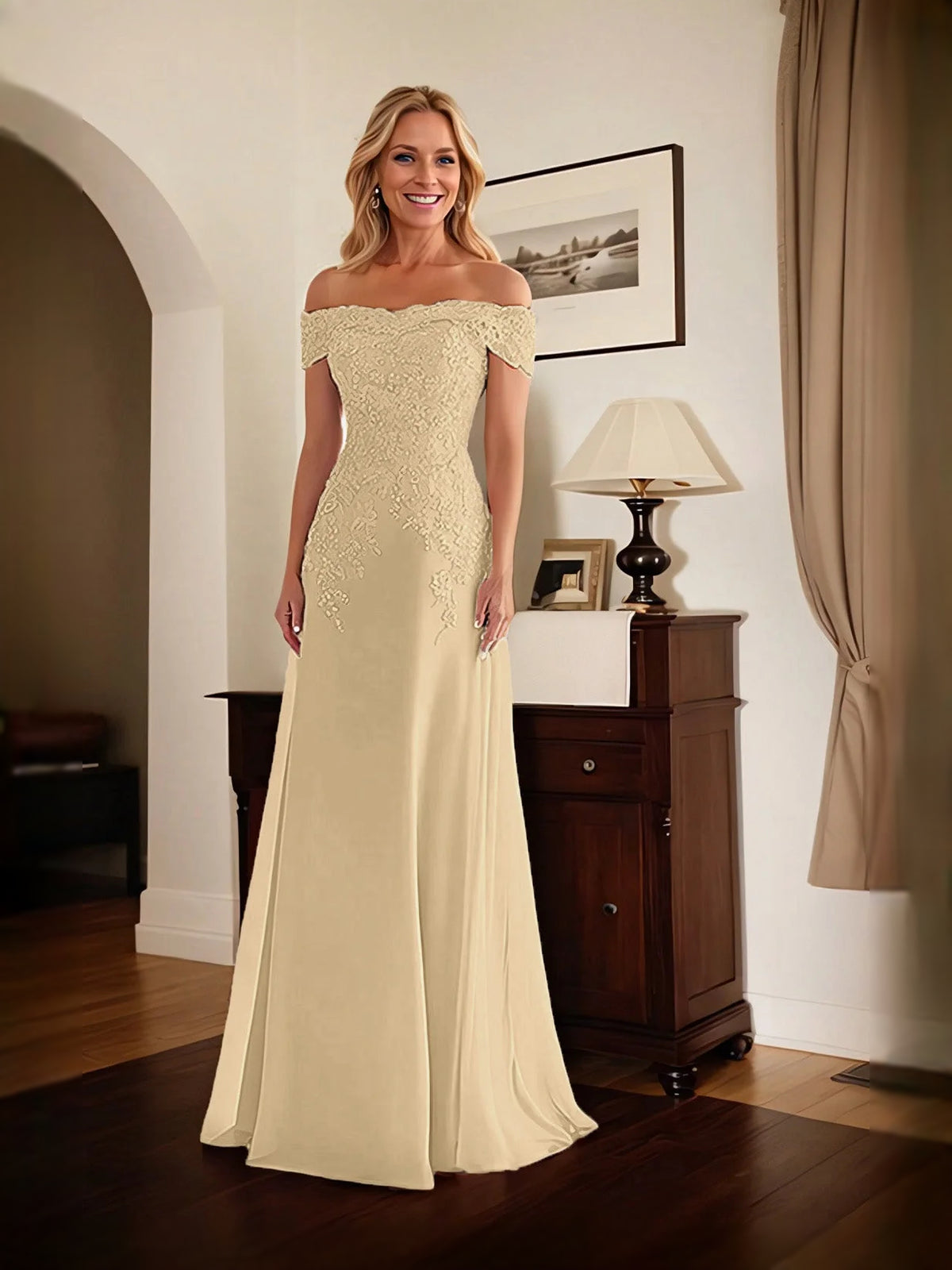 Ruffled Beaded Off Shoulder Mermaid Floor-Length Mother of the Bride Dress for Wedding Weekend