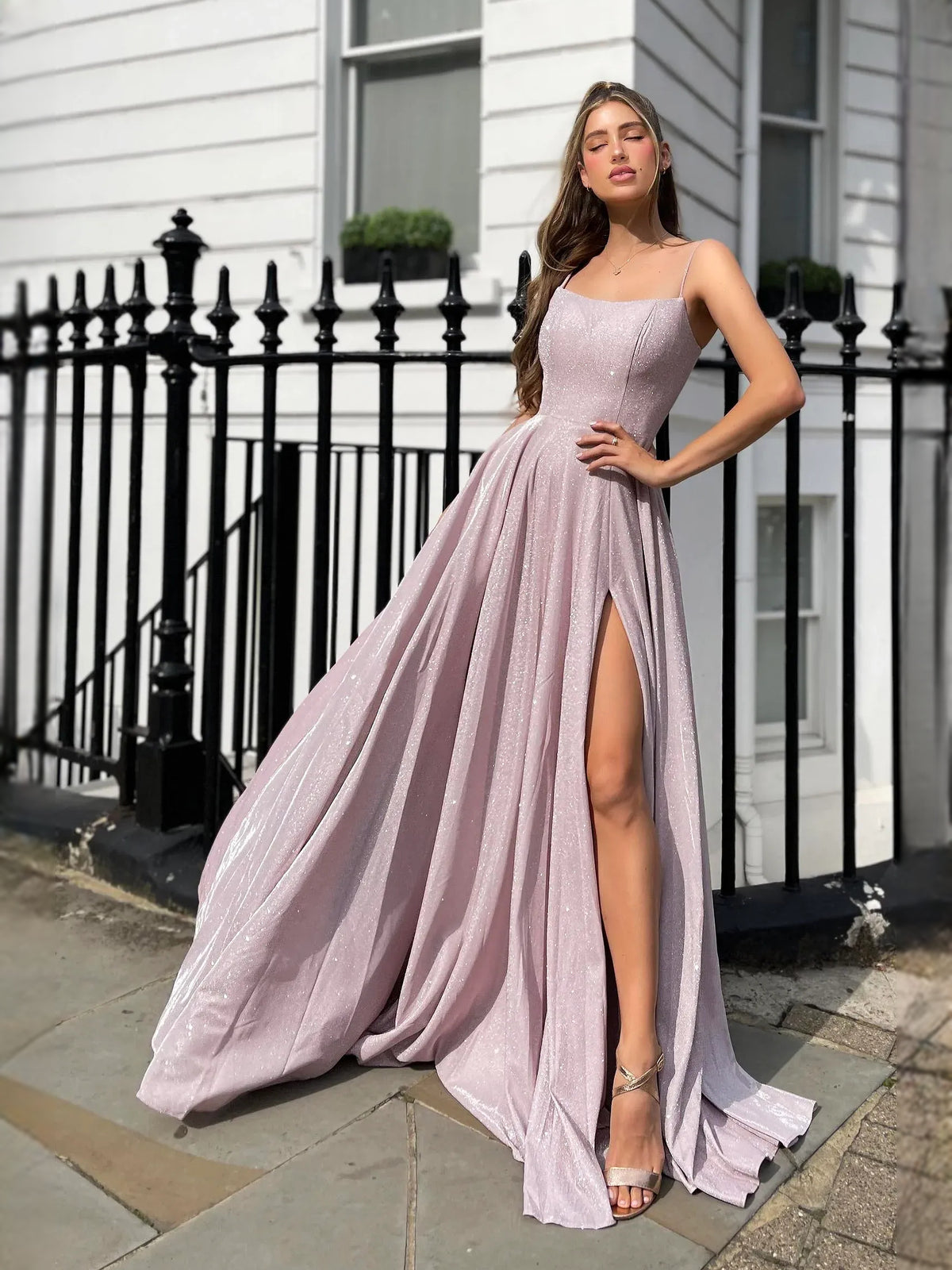 Pleated Corset Slit Square Neck A-Line Floor-Length Prom Dress for Formal Dance