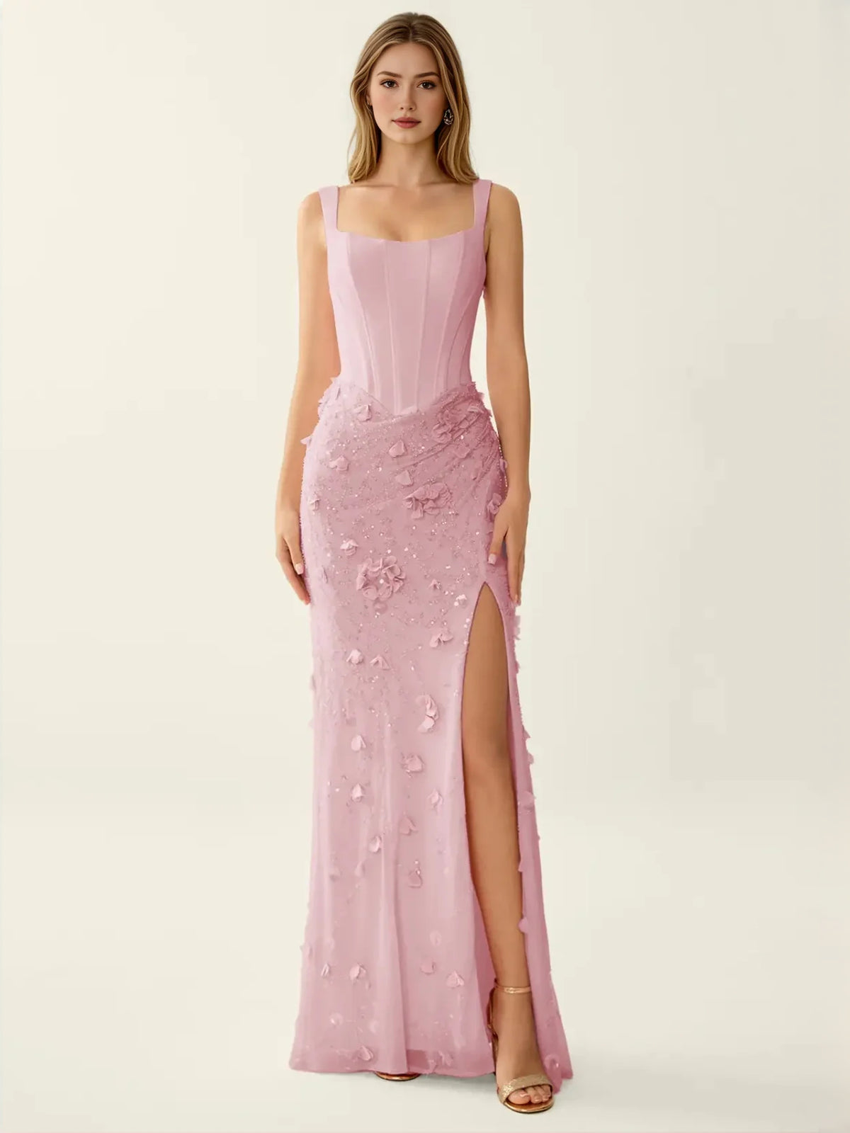 Corset Side-Slit Floral Slit Square Neck Sheath Maxi Prom Dress for Special Occasion