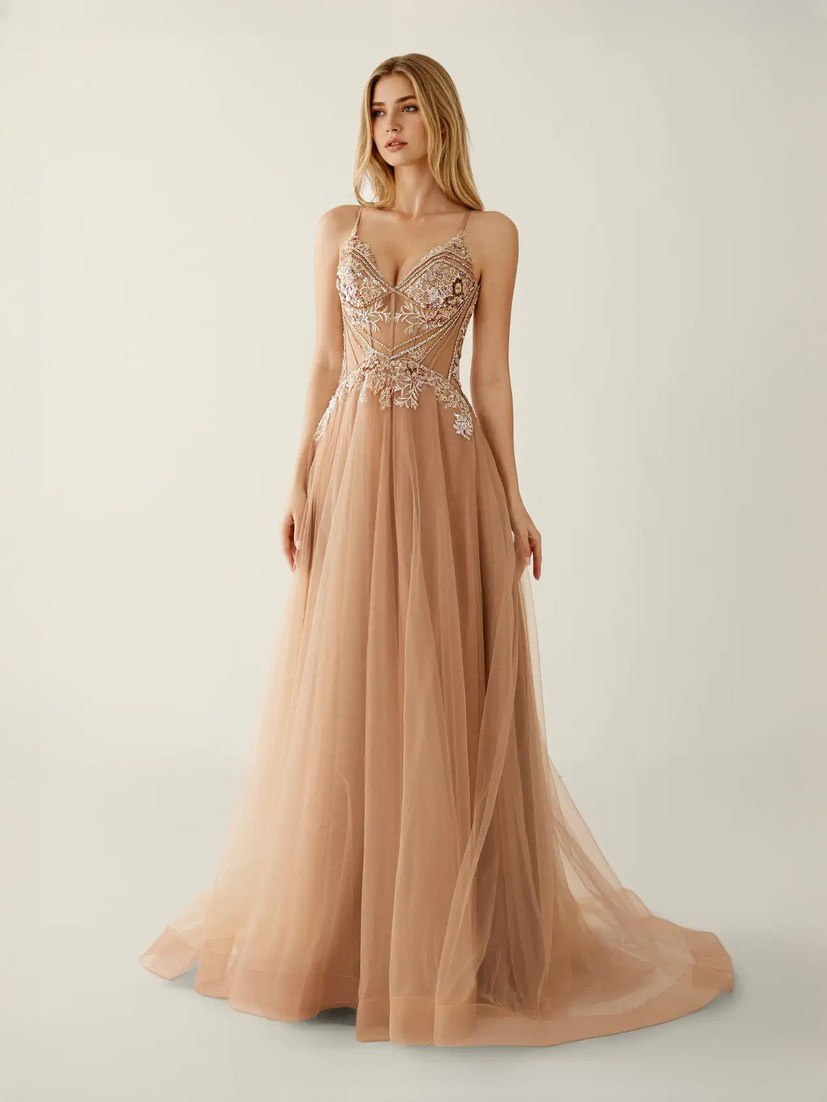 Corset Back-Slit Slit Sweetheart A-Line Floor-Length Tulle Prom Dress for Evening Banquet