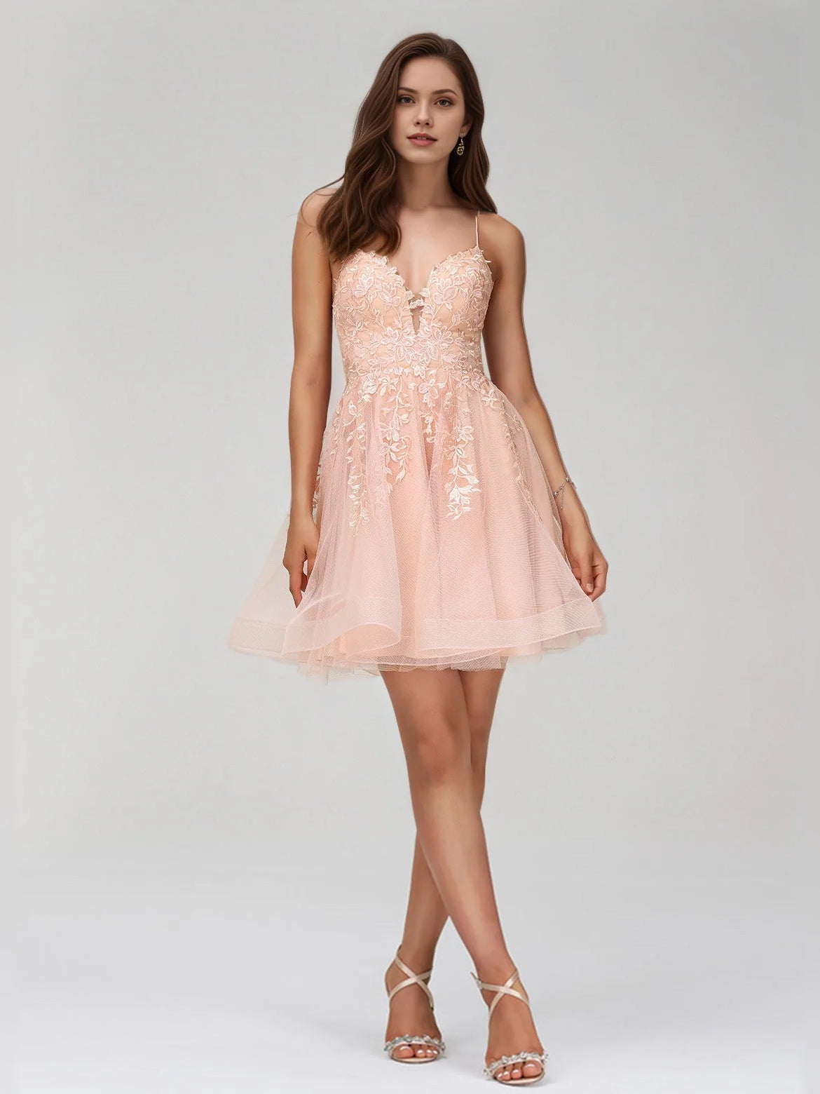 Bow Flower-Applique Floral V Neck A-Line Mini Satin Homecoming Dress for Seaside Reception