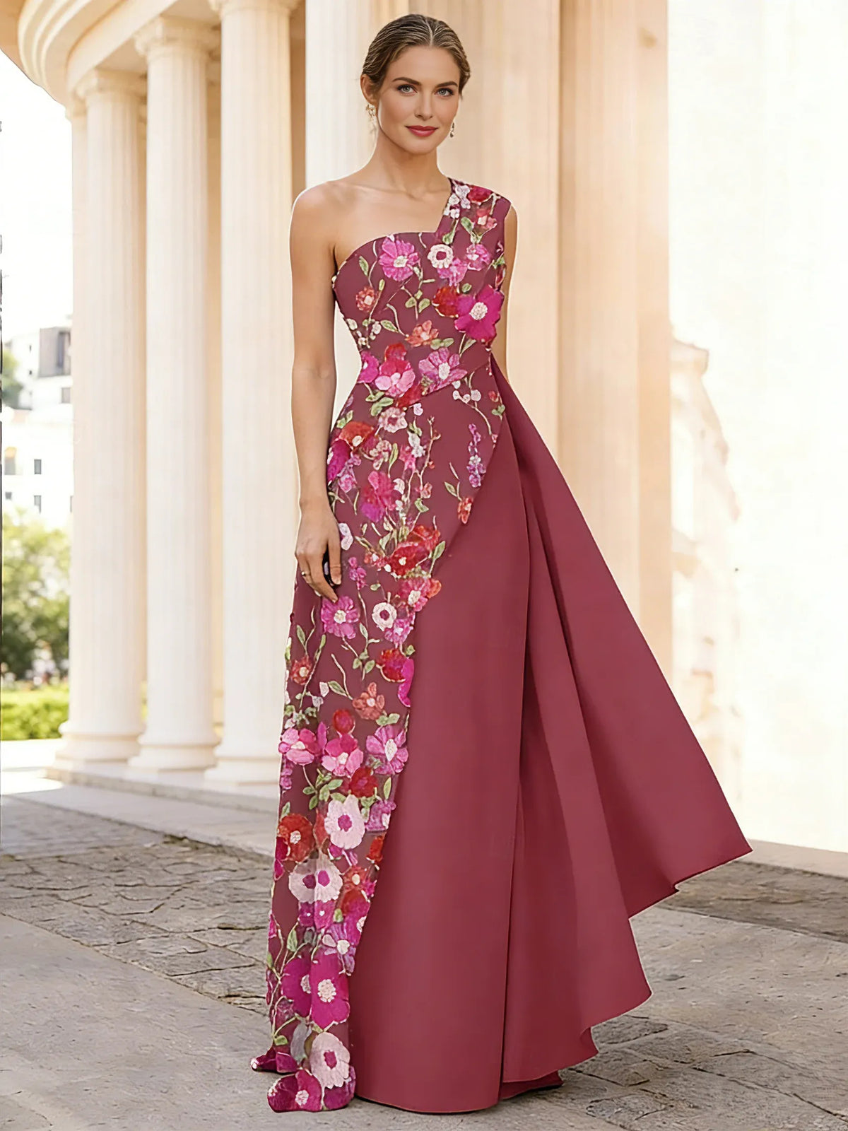 Floral Print One-Shoulder Ruching Floor-Length Embroidered Formal Dress