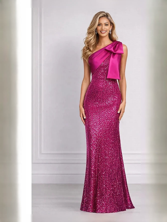Bow Sequin One Shoulder Sheath Floor-Length Prom Dress for Evening Ceremony